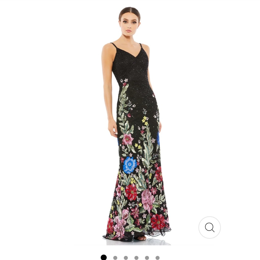 FLORAL EMBELLISHED SPAGHETTI STRAP GOWN